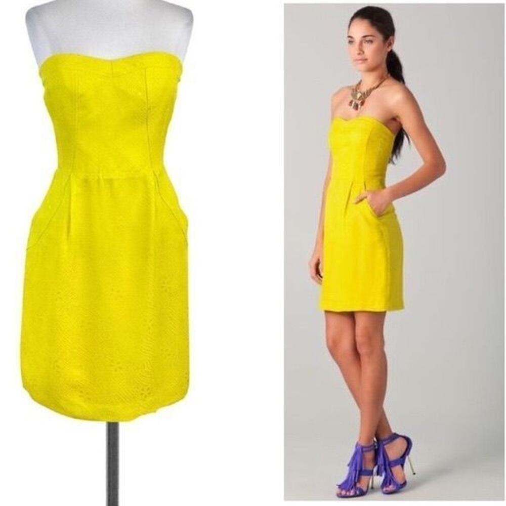 NWOT Rebecca Taylor Dress $350 Sz 6 lemon strapless silk jacquard dress